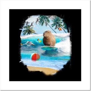 Capybara Surfing At Beach Funny Posters and Art